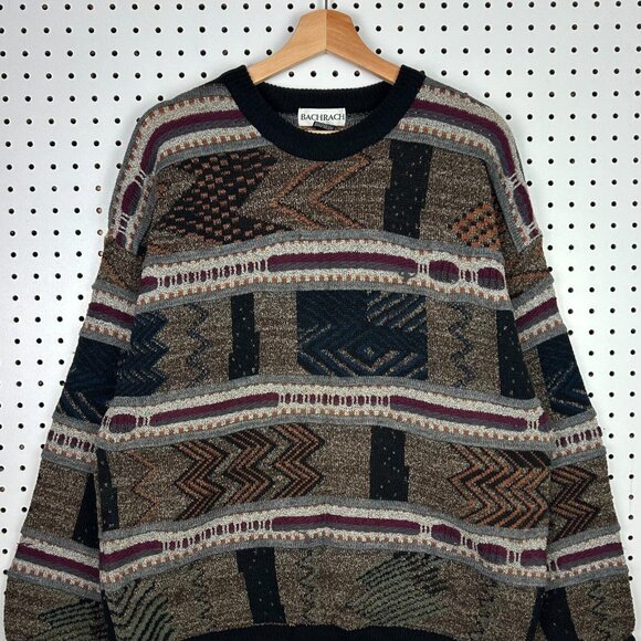 Bachrach 3D Coogi Style Knit‎ Sweater Sz Medium Brown Black Abstract Grandpa 90s - Picture 1 of 6